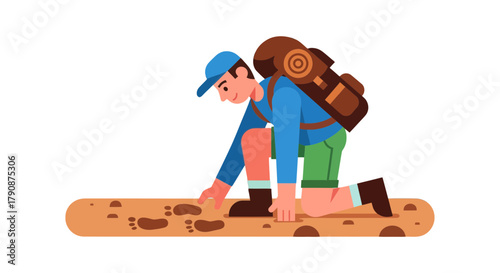 Adventurous Hiker Examining Footprints and Discovering New Paths in Exploration