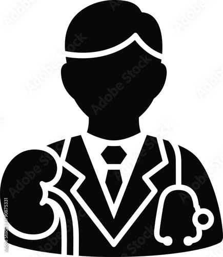 Black silhouette of a doctor with a kidney and stethoscope black and white medical
