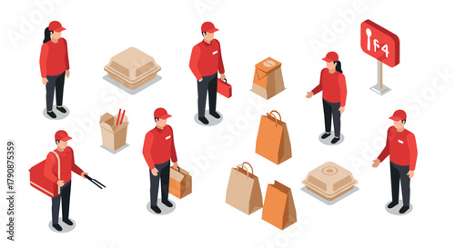 Isometric food delivery set with people and packaging elements