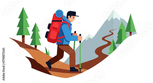 Adventurous Hiker Explores Mountain Trail Amidst Trees and Vast Landscape Illustration