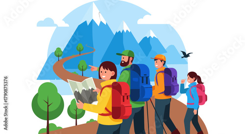 Adventurous Explorers Embark on a Mountainous Journey Illustrated with Artistic Flair