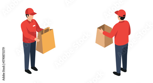 Delivery person in red uniform handing over a package in isometric style