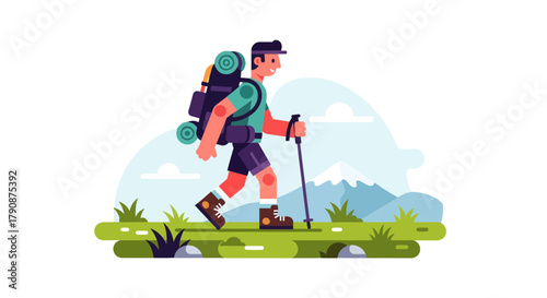 Adventurous Hiker Explores Mountainous Landscape With Backpack and Hiking Stick