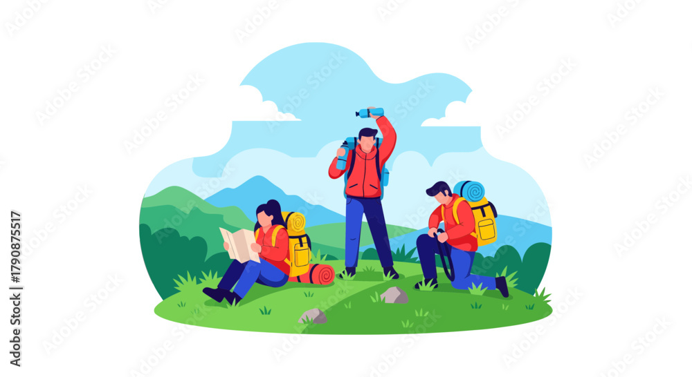 Naklejka premium Adventurous Explorers Embarking On a Hiking Expedition in a Scenic Landscape