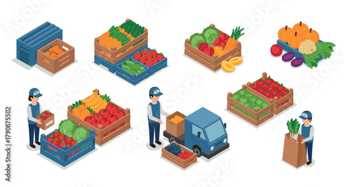 Isometric fresh produce delivery with crates and vegetables