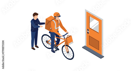 Isometric delivery scene with cyclist and customer at doorstep