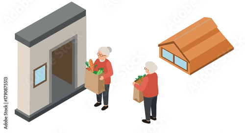 Elderly woman with groceries entering house isometric design