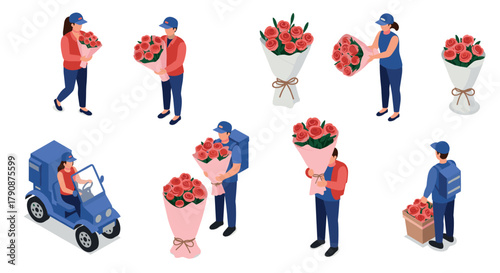 Isometric characters with rose bouquets and delivery service elements