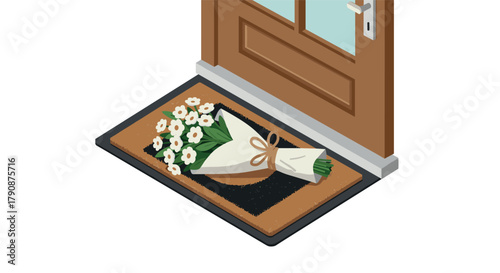 Isometric doorstep scene with flower bouquet on welcome mat