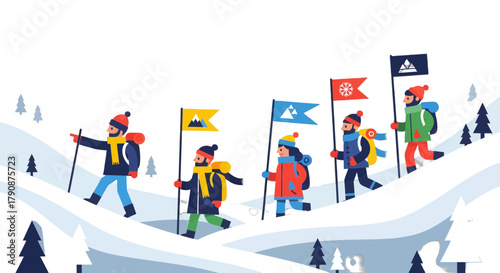 Adventurous Explorers Embarking on a Snowy Mountain Expedition Towards Their Goals