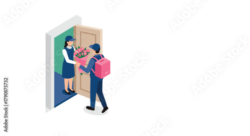 Isometric delivery person presenting flowers through doorway