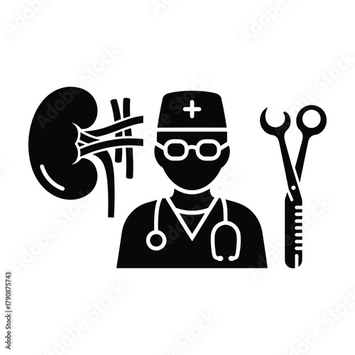 Black silhouette of a doctor with a kidney and surgical scissors medical organ