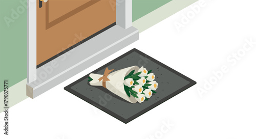 Isometric tulip bouquet on doorstep mat in modern flat design for spring home decor