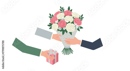 Hands exchanging floral bouquet and gift box in minimalist flat design