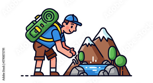Adventurous Hiker Observing Mountain Stream During a Scenic Outdoor Exploration