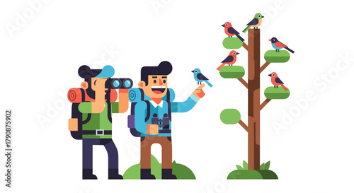 Adventurous Explorers Observing Colorful Birds in a Lush Natural Habitat Encounter