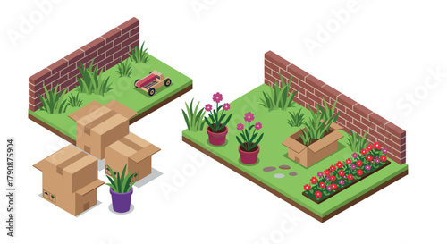 Isometric garden patches with flowers, grass, and cardboard boxes