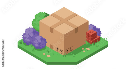 Isometric cardboard box in garden setting with lush greenery and colorful shrubs