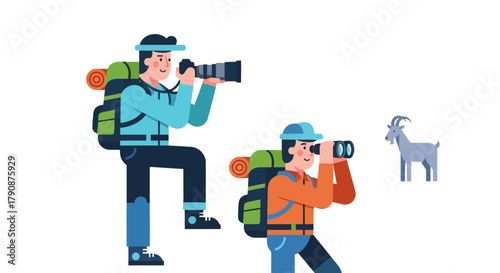Adventurous Explorers Observing Wildlife And Capturing Moment Of A Mountain Goat
