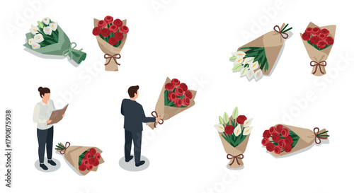 Elegant isometric floral arrangements with people interacting