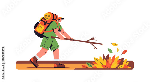 Adventurous Hiker Poking at Autumnal Foliage With a Stick and Backpack With a Dark Background