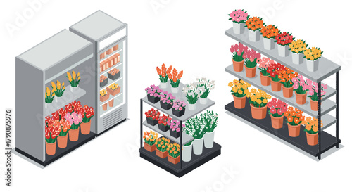 Isometric flower shop display with colorful potted flowers on shelves and refrigerated case