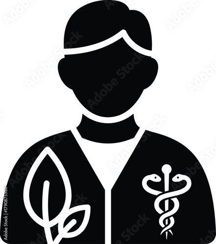 Black silhouette of a person with caduceus and leaf symbols medical health