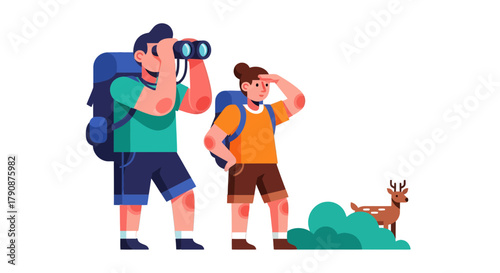 Adventurous Explorers Observing Wildlife And Nature With Binoculars During A Hike