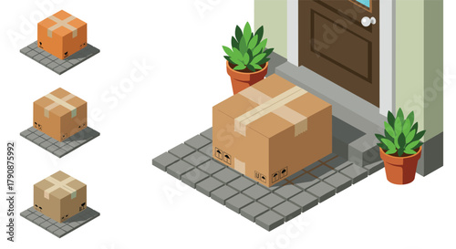 Isometric parcel delivery boxes at front door with potted plants on concrete steps