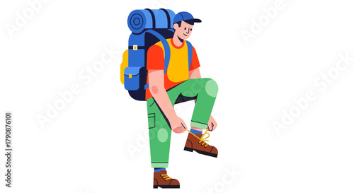 Adventurous Hiker Preparing For A Trekkin With A Backpack On An Isolated Background