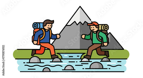 Adventurous Explorers Traversing Mountainous Terrain in a Bold Illustrated Style