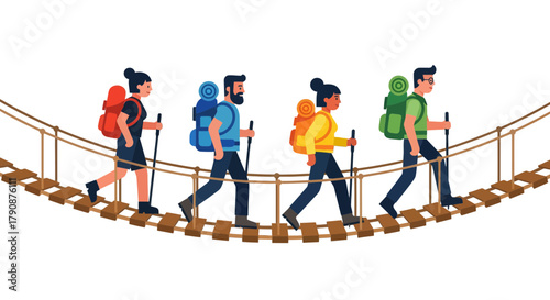 Adventurous Explorers Traversing a Rope Bridge: A Journey of Teamwork and Courage