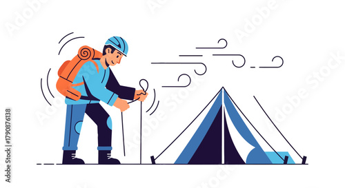 Adventurous Hiker Preparing Tent Amongst Strong Winds Under Night Sky Illustration