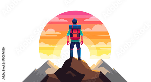 Adventurous Hiker Reaches Summit Overlooking Mountain Range During Sunset