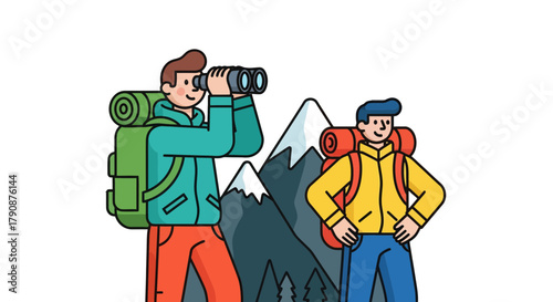 Adventurous Explorers Traversing Terrain Looking Through Binoculars, Awaiting Mountain Ascent