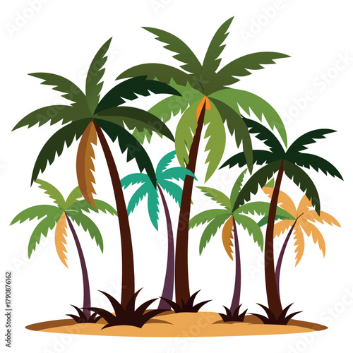 Tropical palm tree pattern with sunset colors and beach background