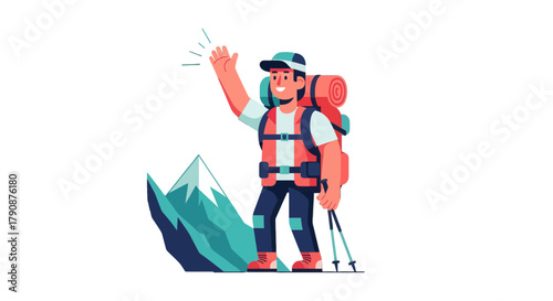 Adventurous Hiker Reaching Out, Celebrating Scenic Mountain Climbing Success