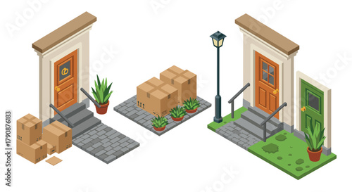 Isometric urban delivery scene with cardboard boxes and doorsteps
