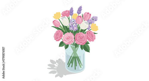 Elegant floral bouquet with mixed flowers in glass vase on white background
