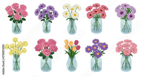 Colorful collection of floral arrangements in glass vases