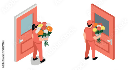 Isometric florist delivery person carrying colorful bouquet through coral doors