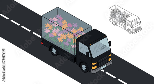 Isometric truck with flowers on road illustration with outline variant