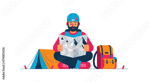 Adventurous Hiker Reading Mountain Map Planning His Expedition In The Wilderness