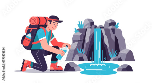 Adventurous Hiker Refilling Water Bottle by Waterfall in Natural Environment Scene