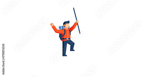 Adventurous Hiker Reaching The Summit, Celebrating Victory With Backpack and Mountain Stick