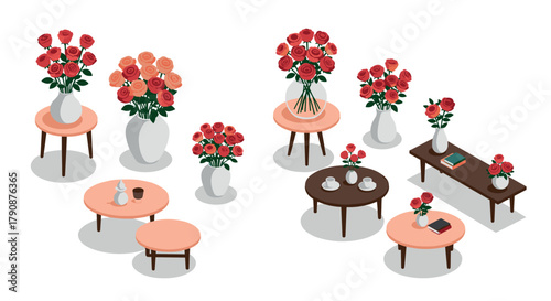 Isometric floral arrangements vases of red roses on tables in modern interior