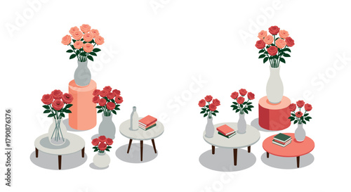 Elegant isometric floral arrangements with vases on tables
