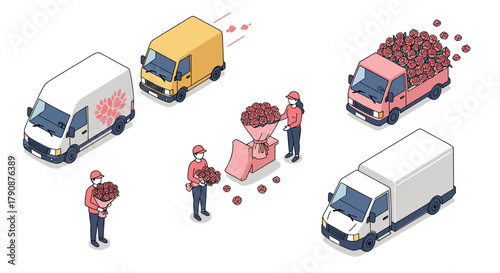 Flower delivery concept with couriers and vans in isometric style