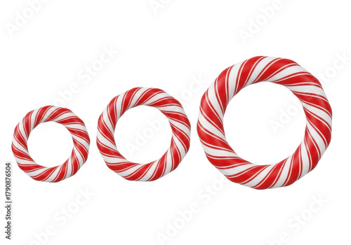 Three candy cane wreaths in different sizes isolated on transparent background