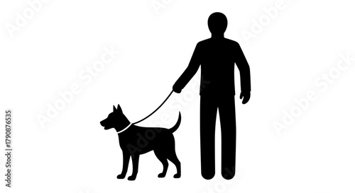 A silhouetted figure walking a dog on a leash simple black and white graphic